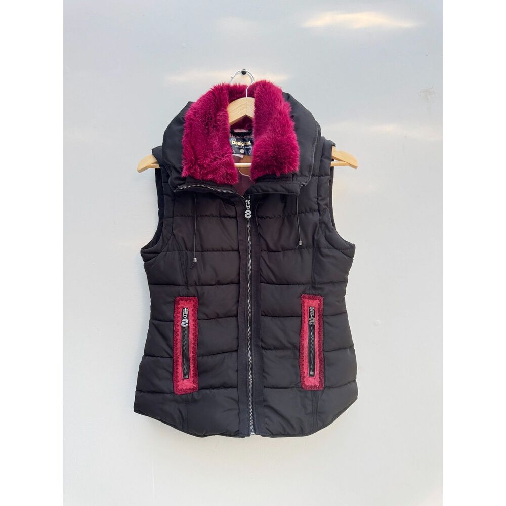 Desigual Barcelona Padded Puffer Vest Black Magenta Faux Fur Collar EU 36 Small